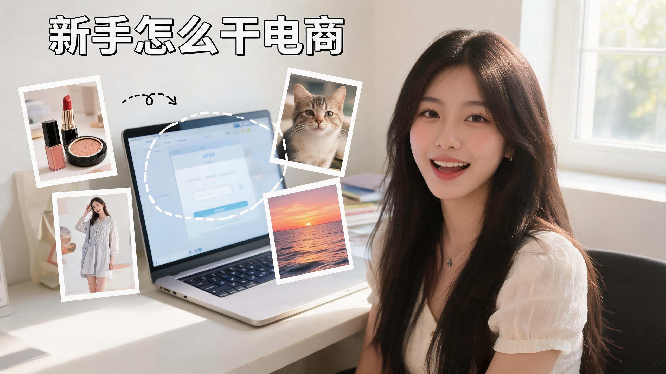 图片展示了一位长发女性坐在电脑前，背景为明亮的室内环境。画面左侧有四个小图框，分别展示化妆品、猫、女性穿搭和日落景色。画面右侧上方文字为“新手怎么干电商”，中间有指向电脑屏幕的箭头，电脑屏幕上显示着电商相关的界面。该图片与文档中介绍电商相关内容上下文对应，直观呈现了电商场景及可能涉及的元素。